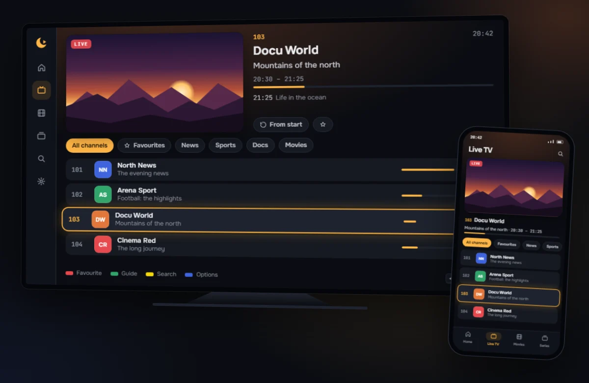 Lounjy on a TV and a phone: the channel list with TV guide and a preview screen; the selected channel has an amber outline. With sample channels.