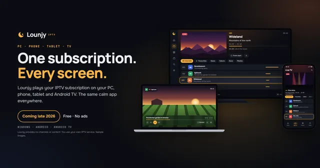 Lounjy on a TV, laptop and phone with sample channels, download as JPG
