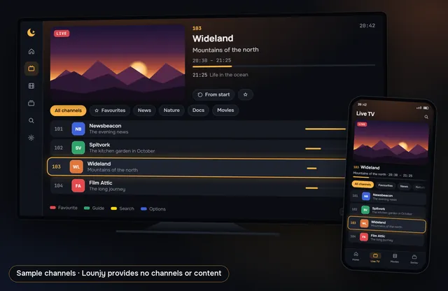 Screenshot of Lounjy on a TV and phone in night mode, with sample channels, download as JPG